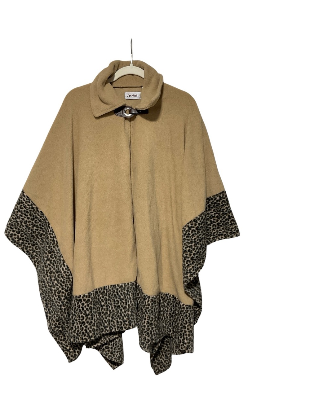 Le Moda Camel Fleece Cape Poncho with Leopard Print Trim One Size